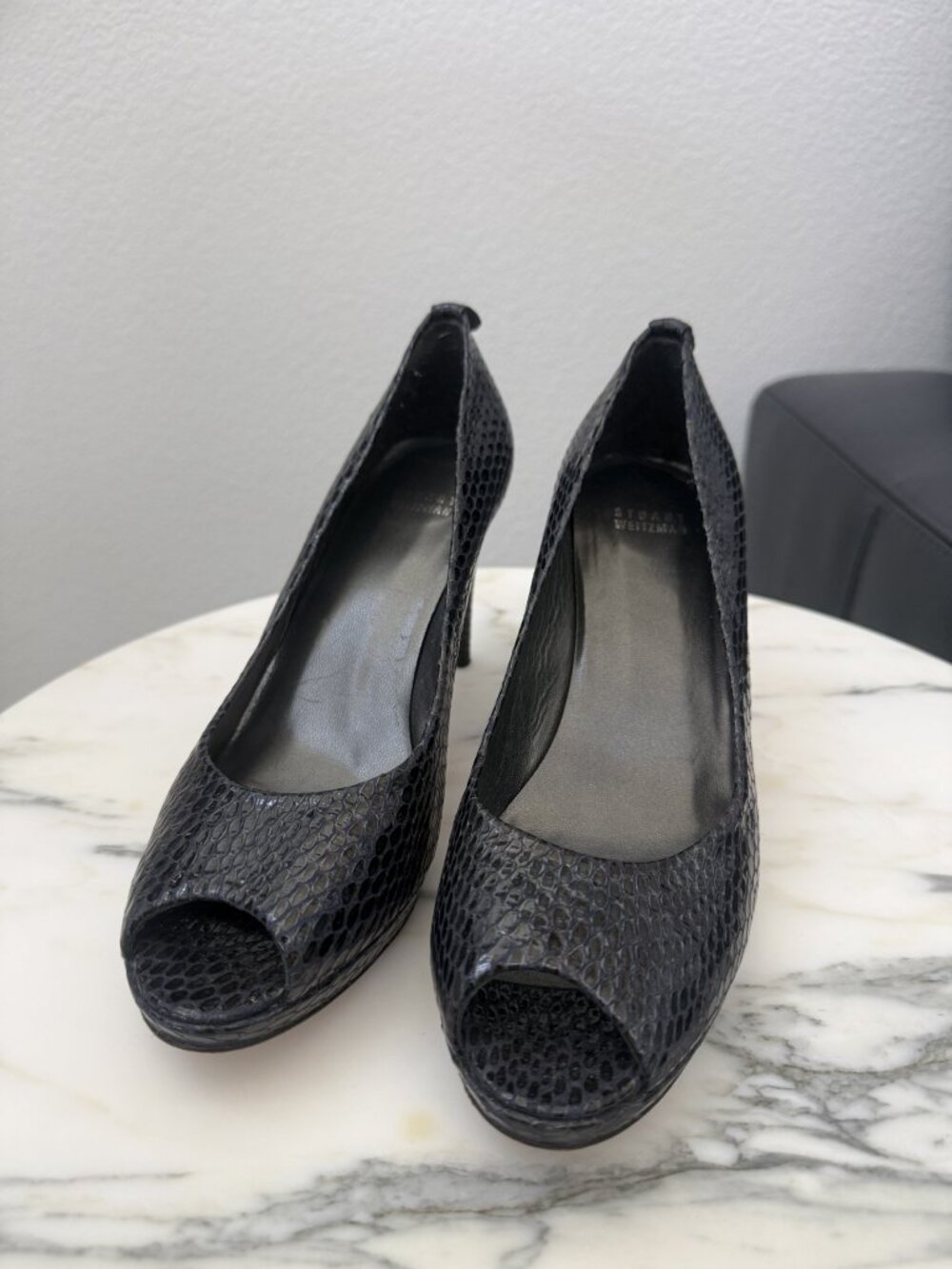 Stuart Weitzman Black Textured Peep Toe Pumps Size 9.5